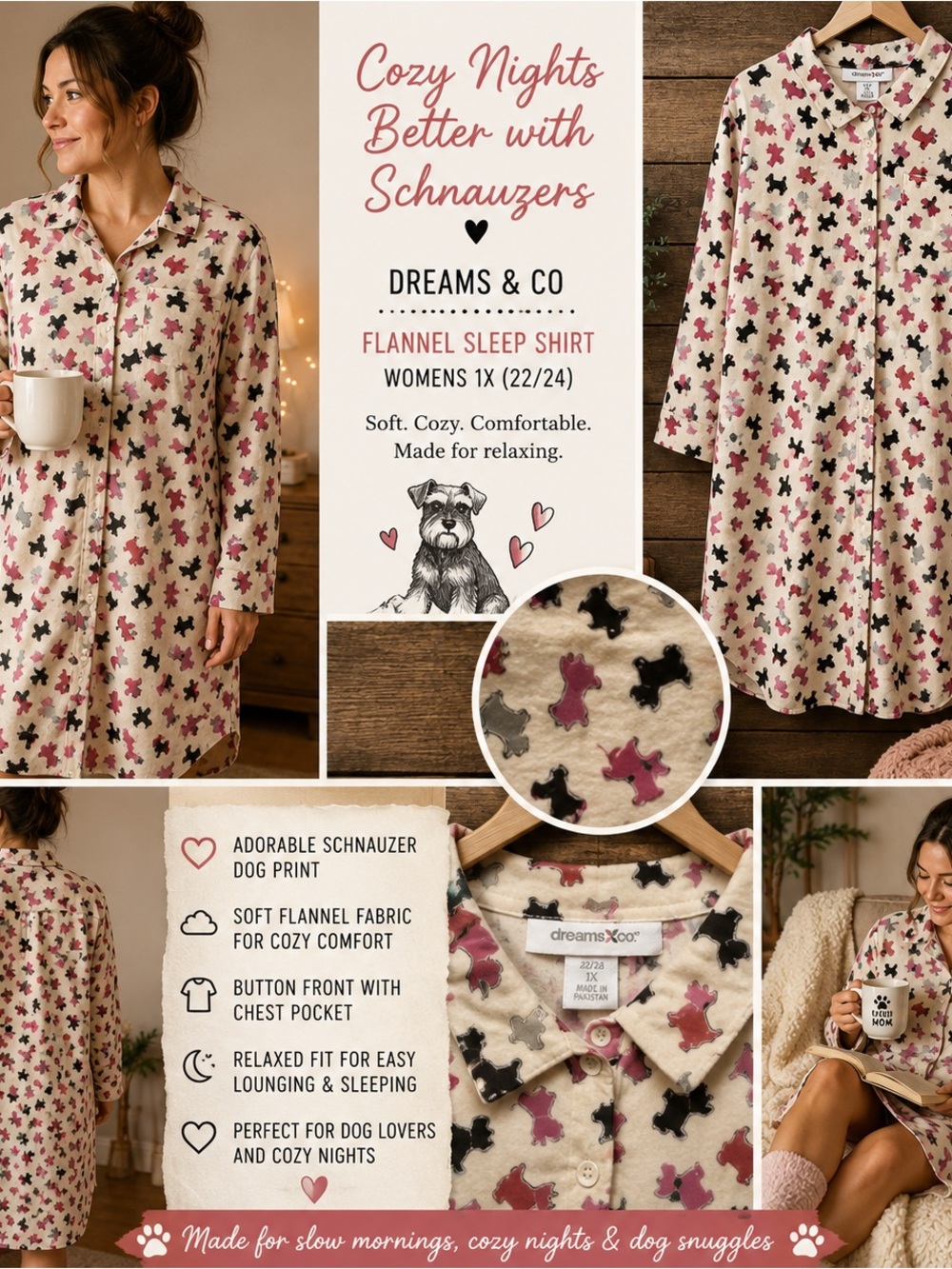 Dreams & Co Sleep Shirt 1X 22/24 Schnauzer Dog Print Flannel Lounge Cozy Pajamas